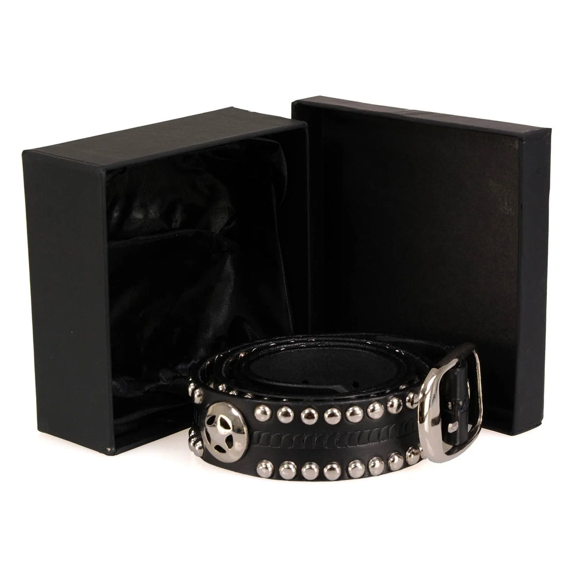 Men's Chrome Studded w/ Star Emblem Black Leather Biker Belt w/ Interchangeable Buckle -1.5 in Wide