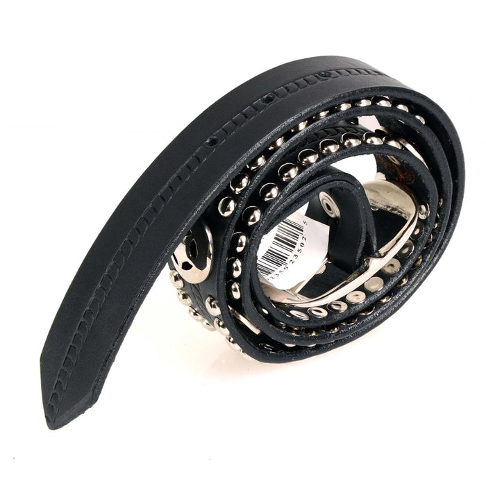 Men's Chrome Studded w/ Star Emblem Black Leather Biker Belt w/ Interchangeable Buckle -1.5 in Wide