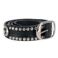 Men's Chrome Studded w/ Star Emblem Black Leather Biker Belt w/ Interchangeable Buckle -1.5 in Wide