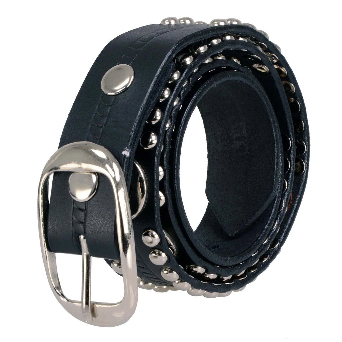 Men's Chrome Studded w/ Star Emblem Black Leather Biker Belt w/ Interchangeable Buckle -1.5 in Wide