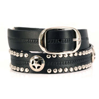 Men's Chrome Studded w/ Star Emblem Black Leather Biker Belt w/ Interchangeable Buckle -1.5 in Wide