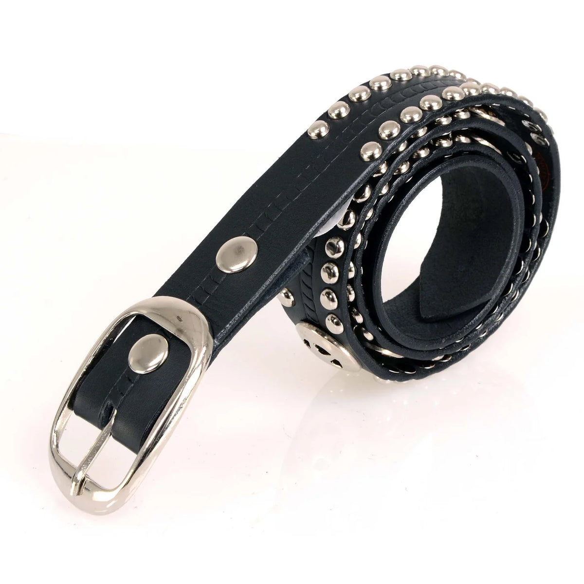 Men's Chrome Studded w/ Star Emblem Black Leather Biker Belt w/ Interchangeable Buckle -1.5 in Wide