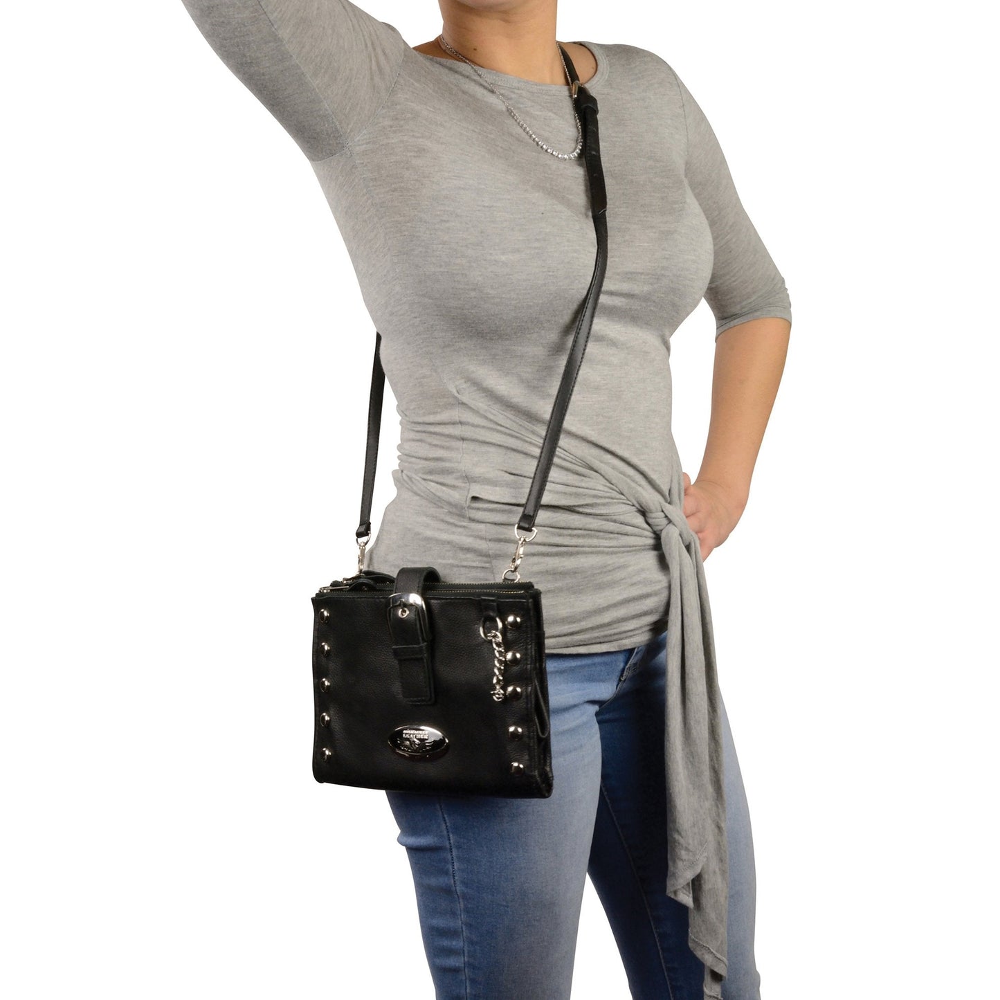 Women's Black Leather Studded Shoulder Bag 30in