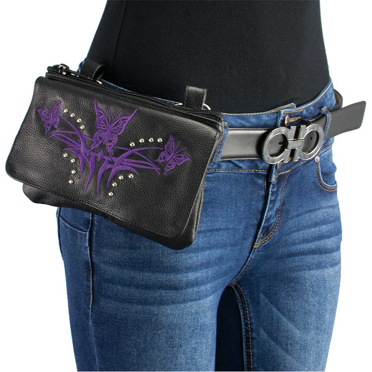 Women's Black And Purple Leather Multi Pocket Belt Bag