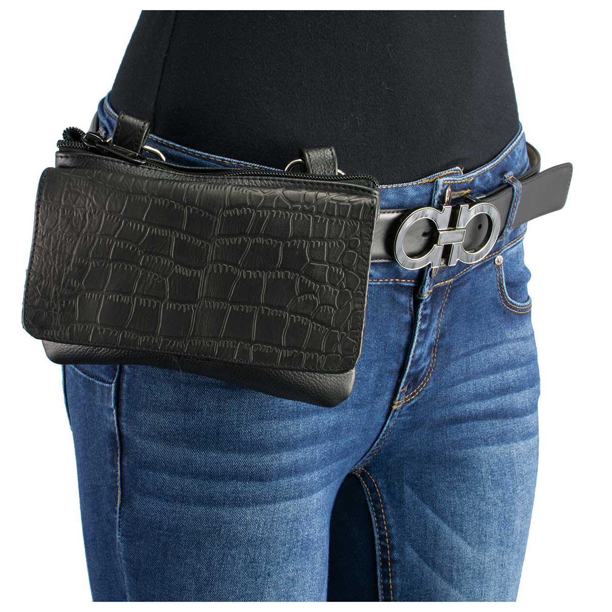 Black Leather Multi Pocket Belt Bag With Gator Print Flap