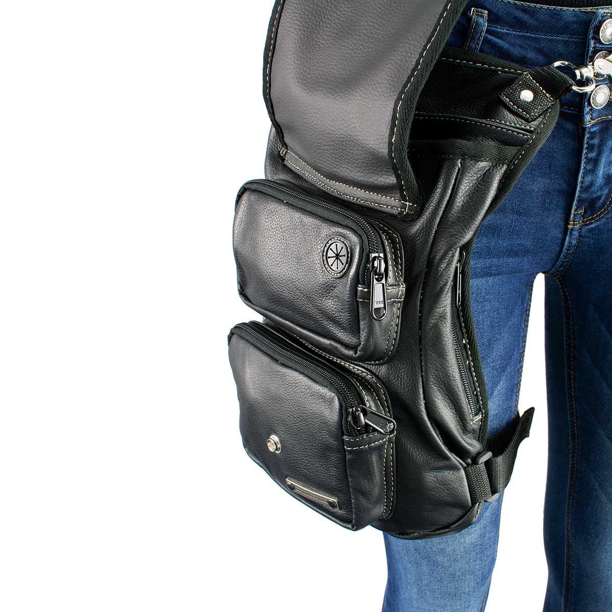 Black And Tan Leather Conceal And Carry Thigh Bag With Waist Belt