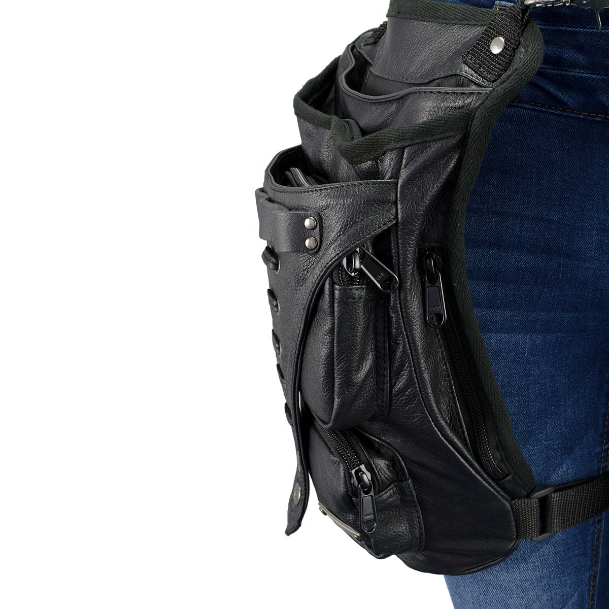 Women's Black Leather Conceal and Carry Thigh Bag with Waist Belt