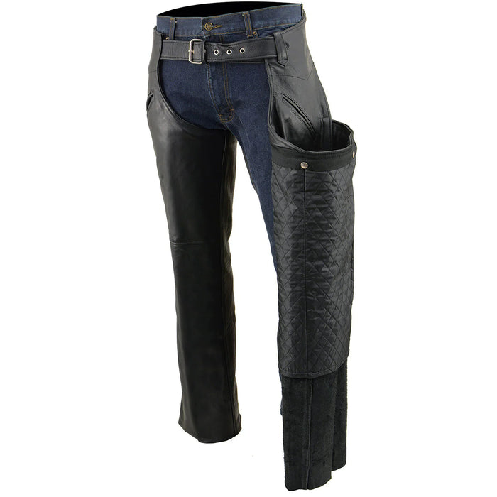 Men's Black Leather Slash Pocket Chaps with Snap Out Liner