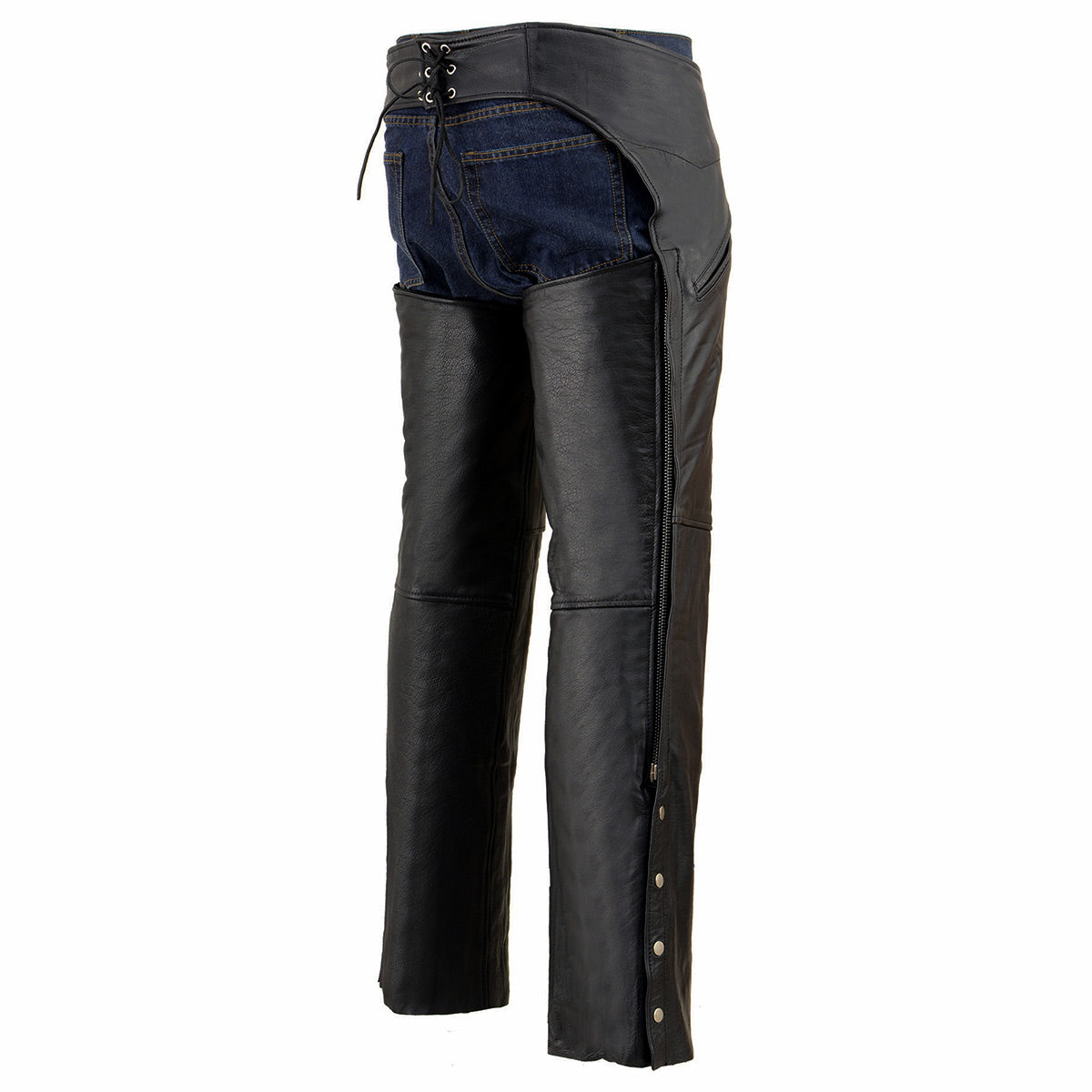 Men's Black Leather Slash Pocket Chaps Snap Out Thermal Lined Motorcycle Riders SH1103