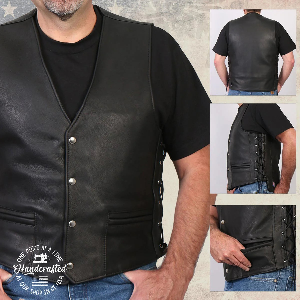 Men's Black 'Gaucho' Extra Long Back Premium Steerhide Motorcycle Leather Vest