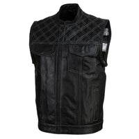 Men's Classic Black Leather Motorcycle Rider Vest Stars and Stripes Design w/ USA Flag Liner