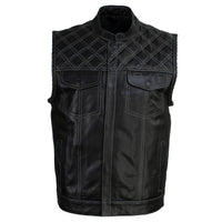 Men's Classic Black Leather Motorcycle Rider Vest Stars and Stripes Design w/ USA Flag Liner