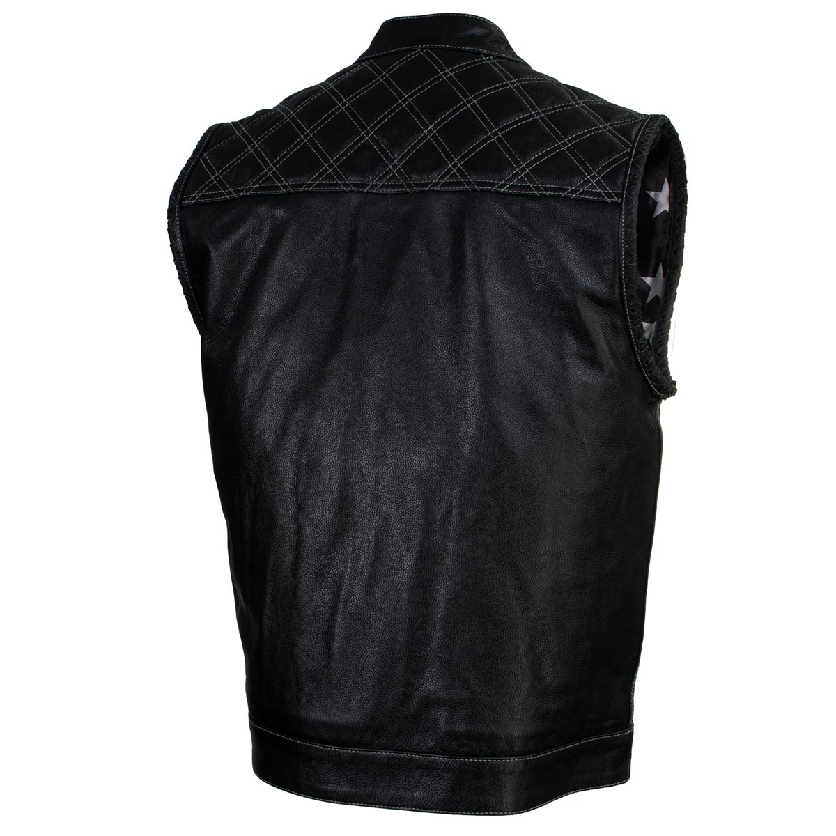 Men's Classic Black Leather Motorcycle Rider Vest Stars and Stripes Design w/ USA Flag Liner