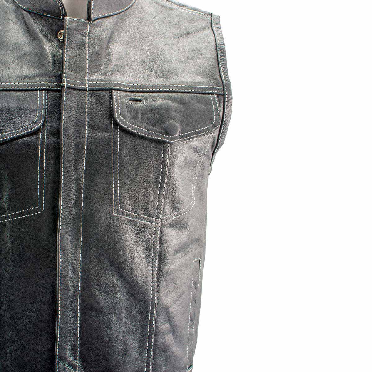 Men's Black Premium Leather Motorcycle Biker Rider Vest w/ White Stitching and Paisley Liner