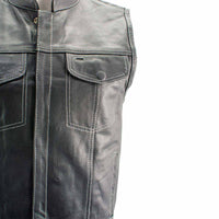Men's Black Premium Leather Motorcycle Biker Rider Vest w/ White Stitching and Paisley Liner