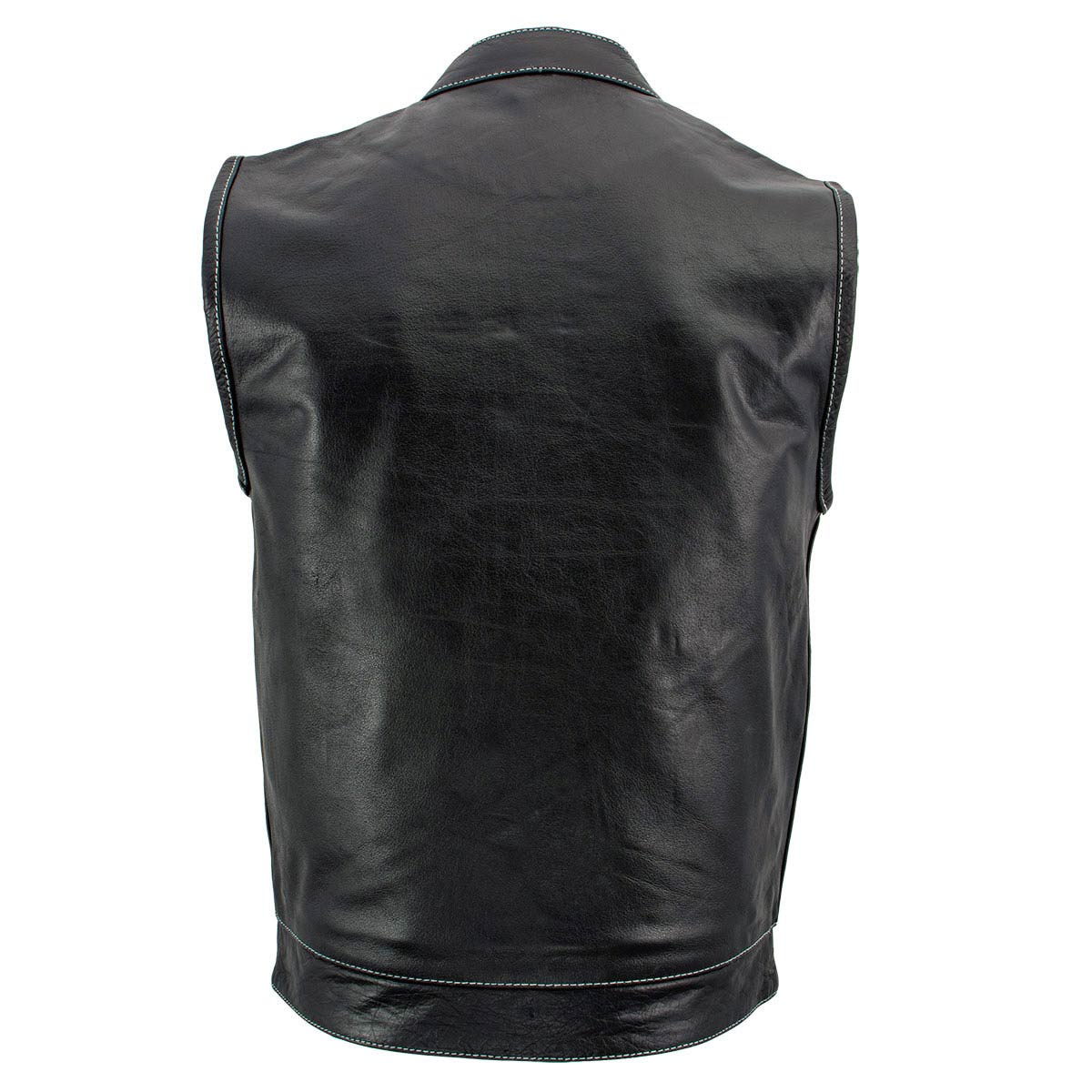 Men's Black Premium Leather Motorcycle Biker Rider Vest w/ White Stitching and Paisley Liner
