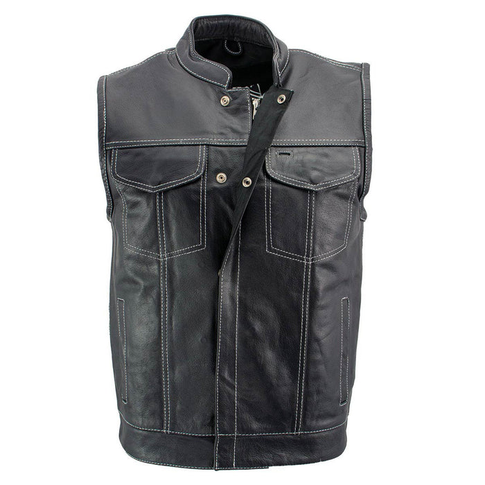 Men's Black Premium Leather Motorcycle Biker Rider Vest w/ White Stitching and Paisley Liner