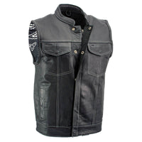 Men's Black Premium Leather Motorcycle Biker Rider Vest w/ White Stitching and Paisley Liner