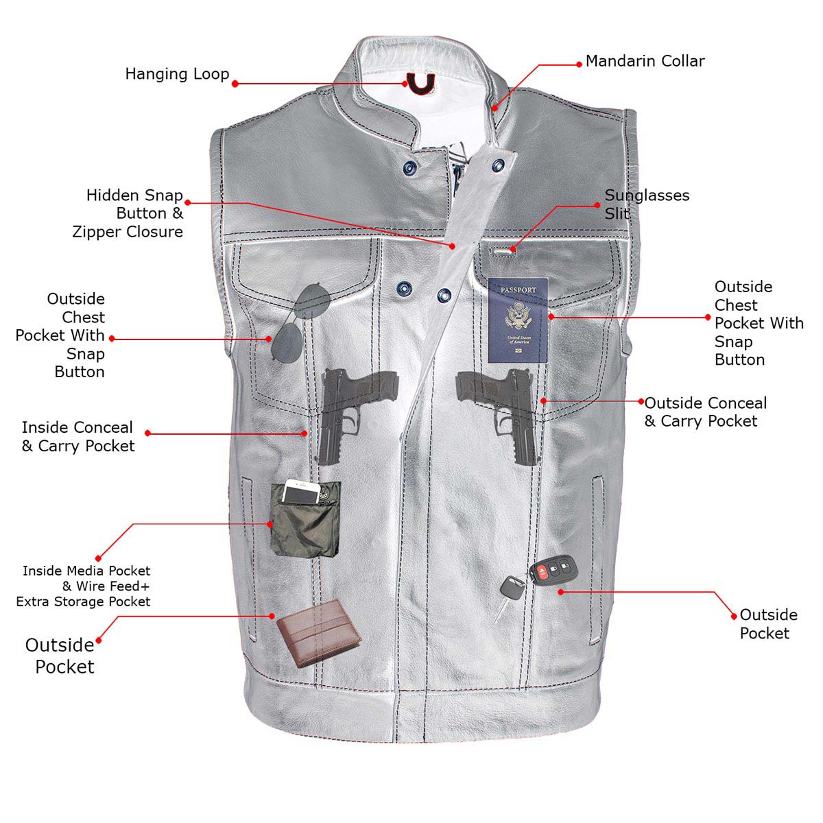 Men's Black Premium Leather Motorcycle Biker Rider Vest w/ White Stitching and Paisley Liner