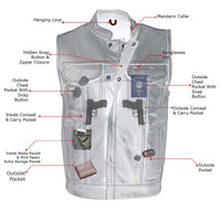 Men's Black Premium Leather Motorcycle Biker Rider Vest w/ White Stitching and Paisley Liner