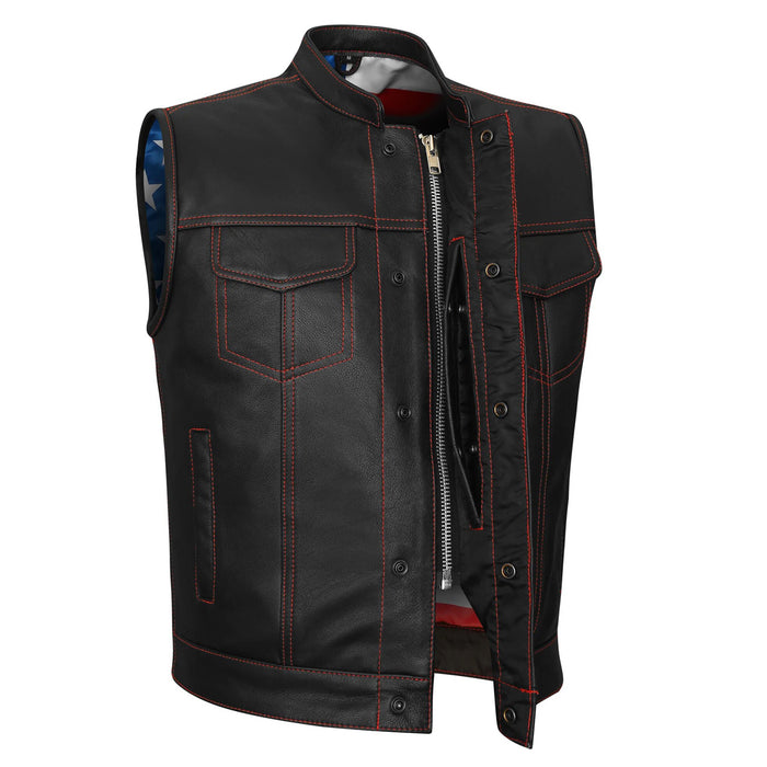 High Mileage Men's Zipper and Snap Closure Leather Club Vest with American Flag Liner and Red Stitching