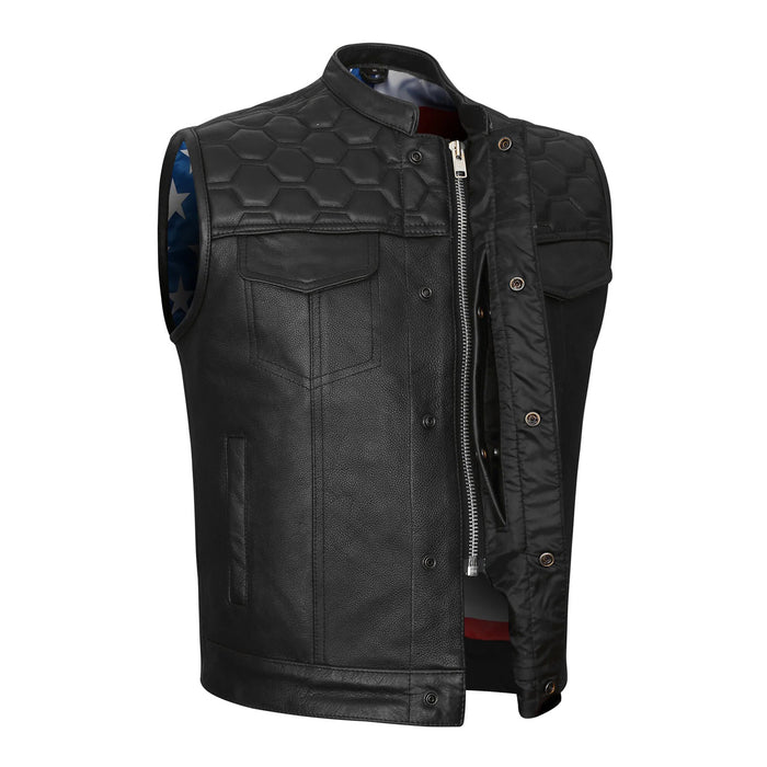 High Mileage Men's Zipper and Snap Closure Leather Club Vest with padding Quick Access with American Flag Liner