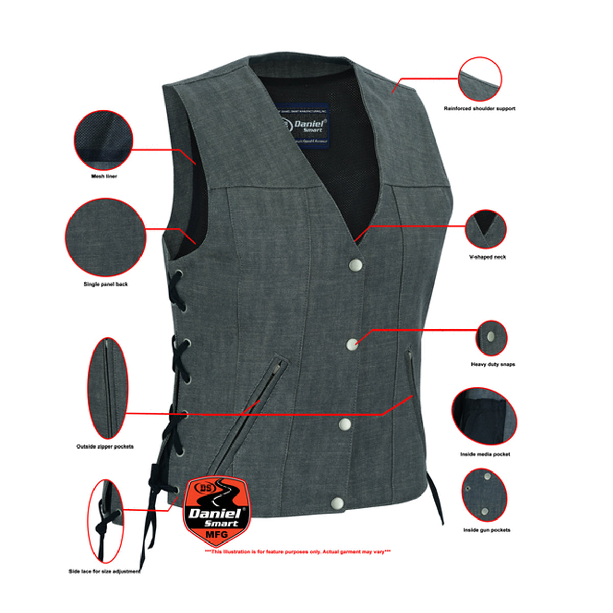 WOMEN'S ROUGH RUB-OFF RAW FINISH BROKEN GRAY DENIM VEST