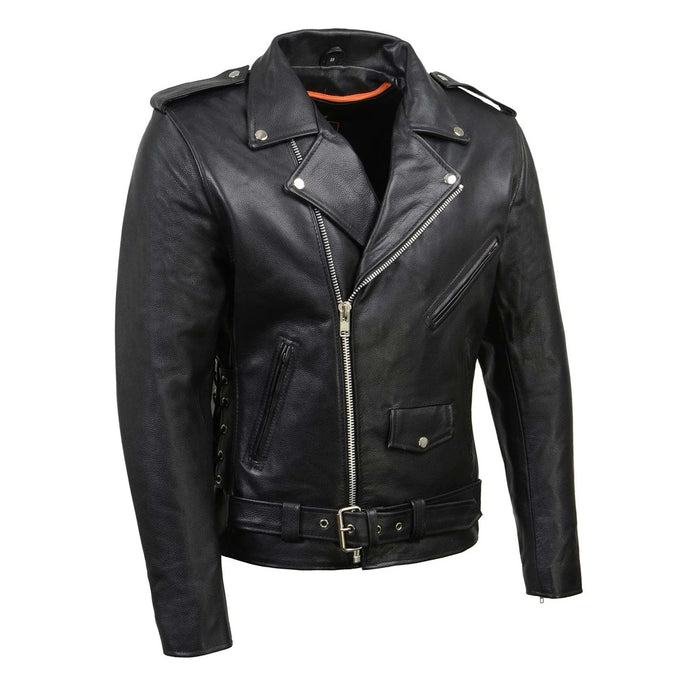 Black Classic Police Motorcycle Jacket for Men Made of Cowhide Leather w/ Side Lacing