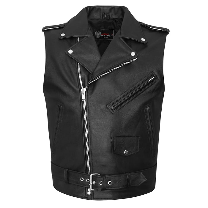 Men's Premium Naked Leather Classic Motorcycle Vest Plain Side & Belted Waist