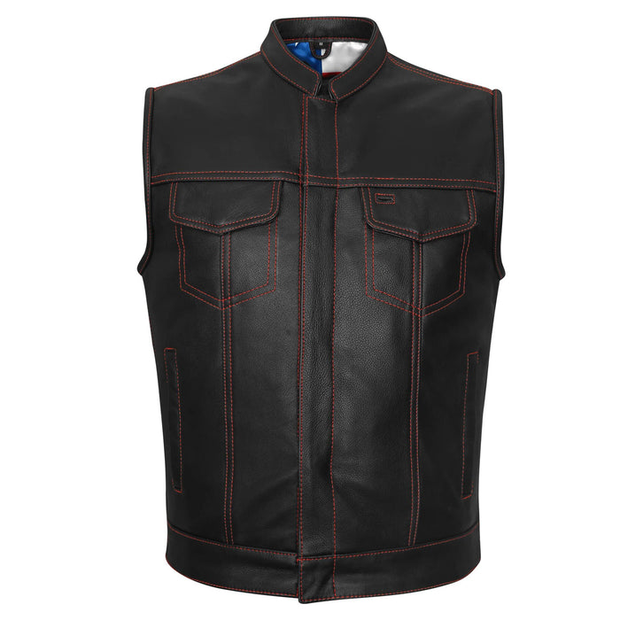 High Mileage Men's Zipper and Snap Closure Leather Club Vest with American Flag Liner and Red Stitching