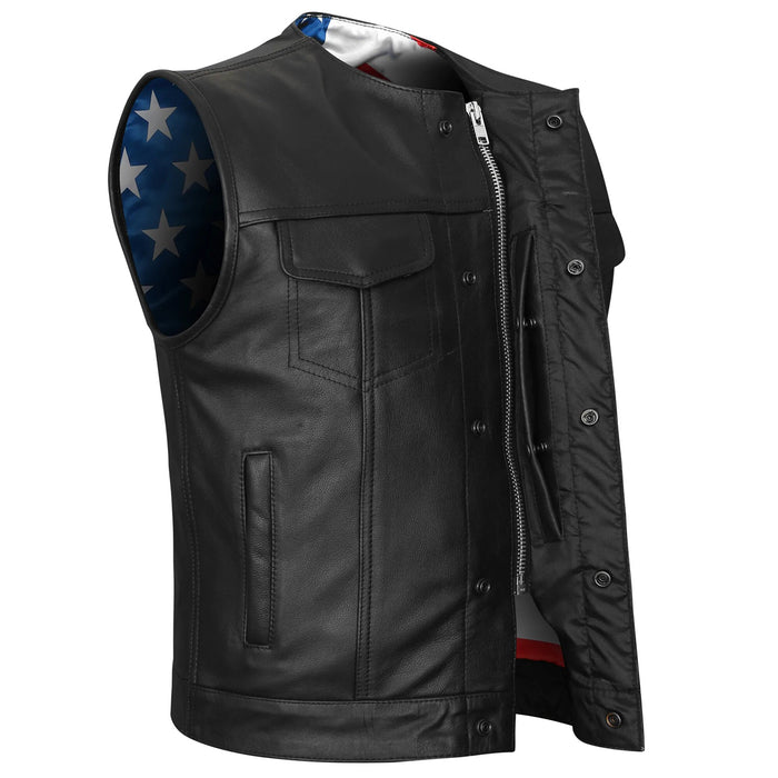 High Mileage Men's Zipper and Snap Closure Collarless Leather Club Vest with American Flag Liner