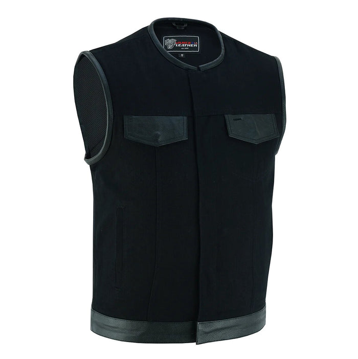Denim Black Collarless Club Vest with Leather trims