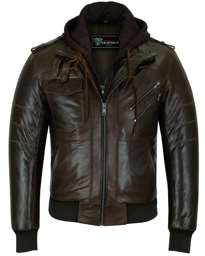 Mens Vincent Brown Waxed Premium Cowhide Motorcycle Leather Jacket With Removeable Hoodie