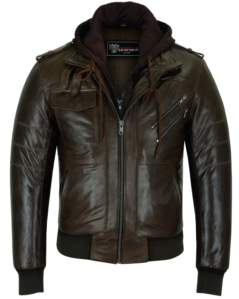 Mens Vincent Brown Waxed Premium Cowhide Motorcycle Leather Jacket With Removeable Hoodie