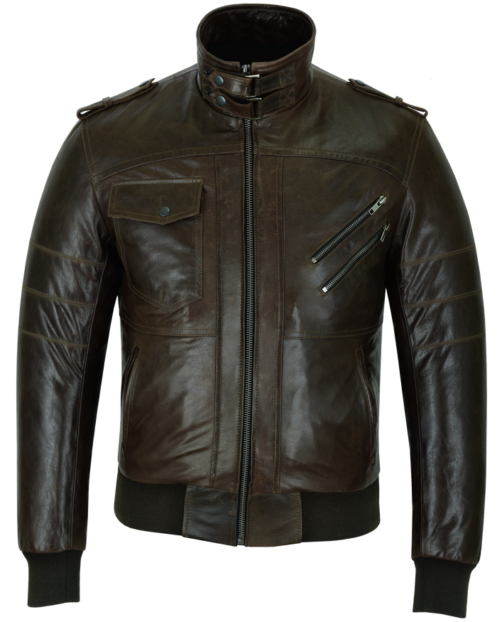 Mens Vincent Brown Waxed Premium Cowhide Motorcycle Leather Jacket With Removeable Hoodie