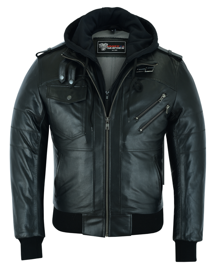 Men's Sven Bomber Black Waxed Premium Cowhide Motorcycle Leather Jacket with Removeable Hood