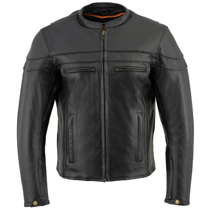 Men's Black Sporty Crossover Scooter Style Leather Motorcycle Jacket w/ Reflective Piping