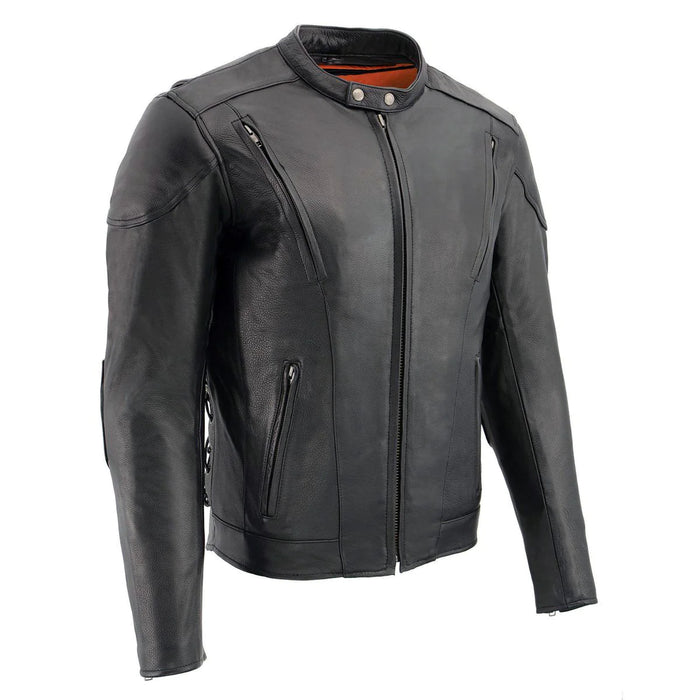 Men's Black Vented Scooter Leather Jacket with Side Laces