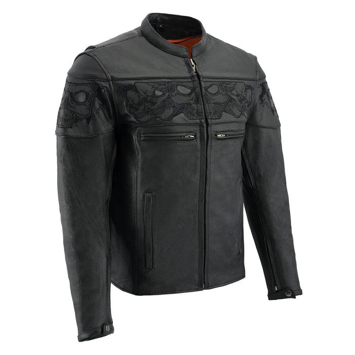 Men's Crossover Black Leather Scooter Jacket with Reflective Skulls