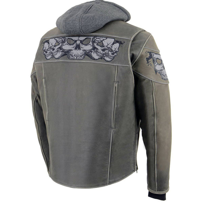 Men's Distressed Grey Leather Jacket with Reflective Skulls