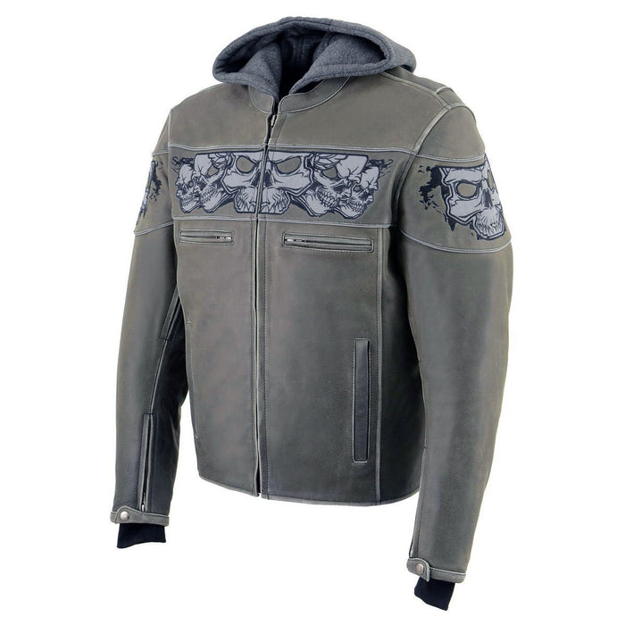 Men's Distressed Grey Leather Jacket with Reflective Skulls