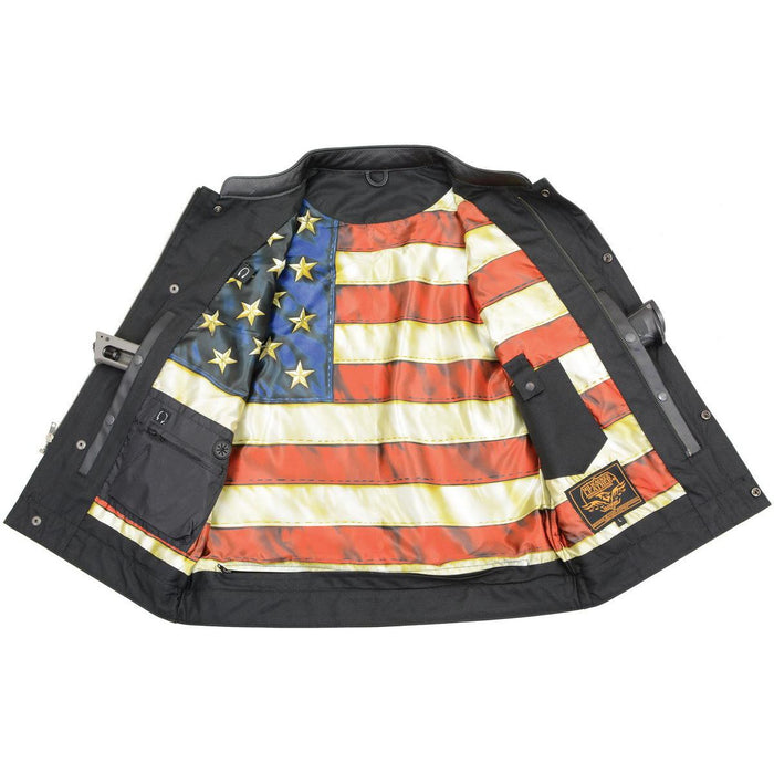 Men’s ‘Old Glory’ Black Leather with Red Stitching Vest and Laced Arm Holes