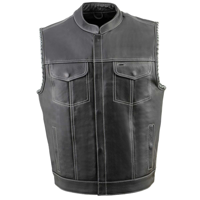 Men’s ‘Old Glory’ Black Leather with Grey Stitching Vest and Laced Arm Holes