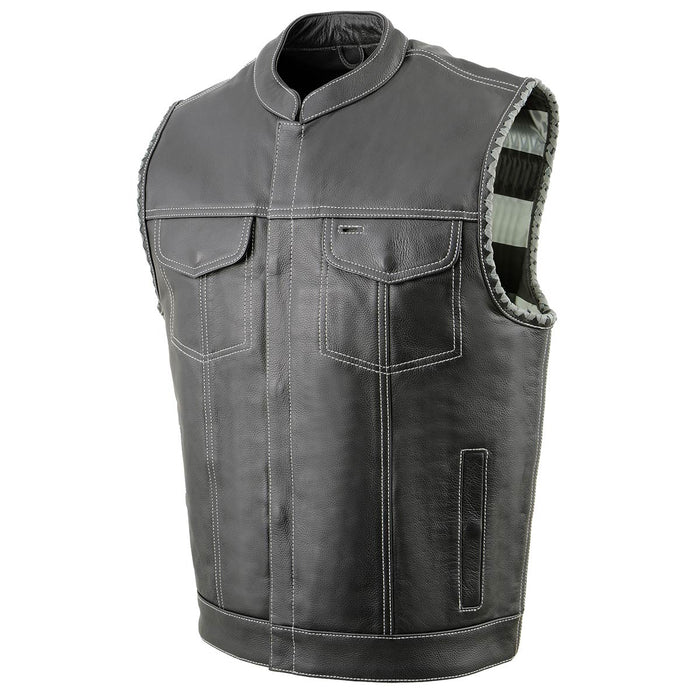 Men’s ‘Old Glory’ Black Leather with Grey Stitching Vest and Laced Arm Holes