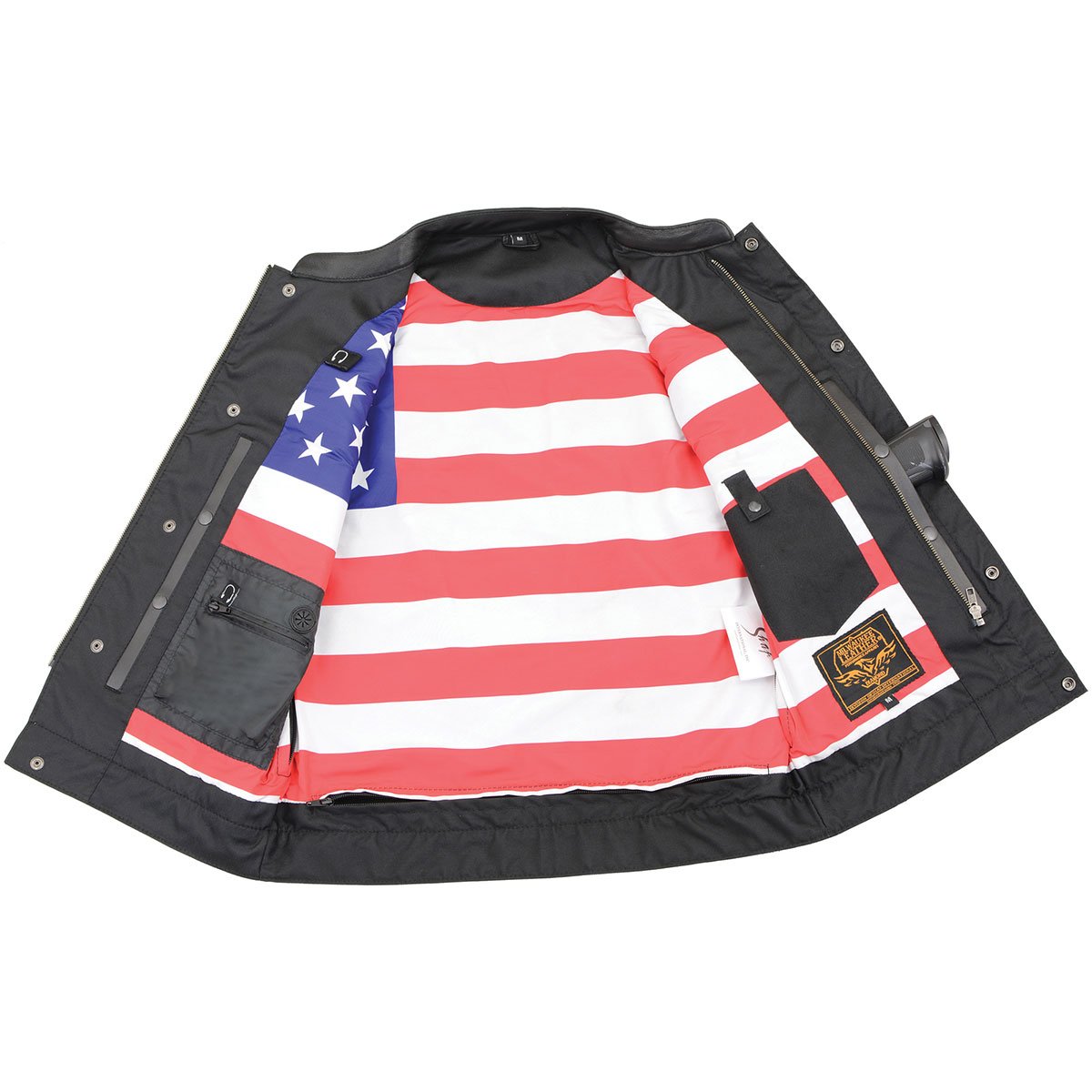 Men’s ‘Old Glory’ Black Leather Vest with Laced Arm Holes