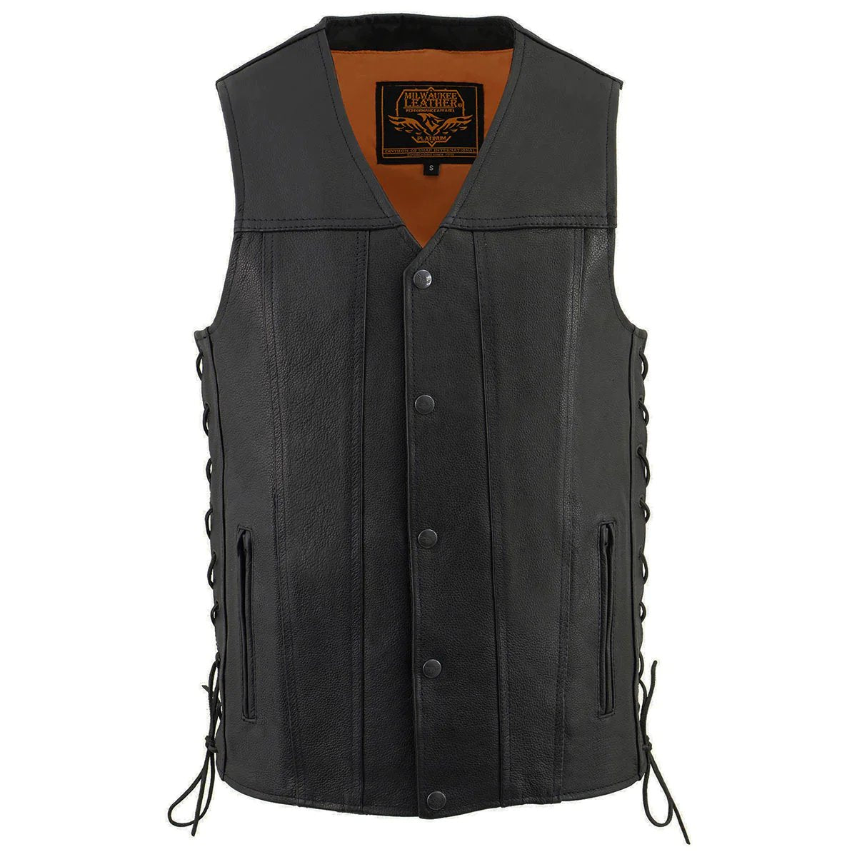 Men's Black Straight Bottom Side Lace Motorcycle Leather Vest