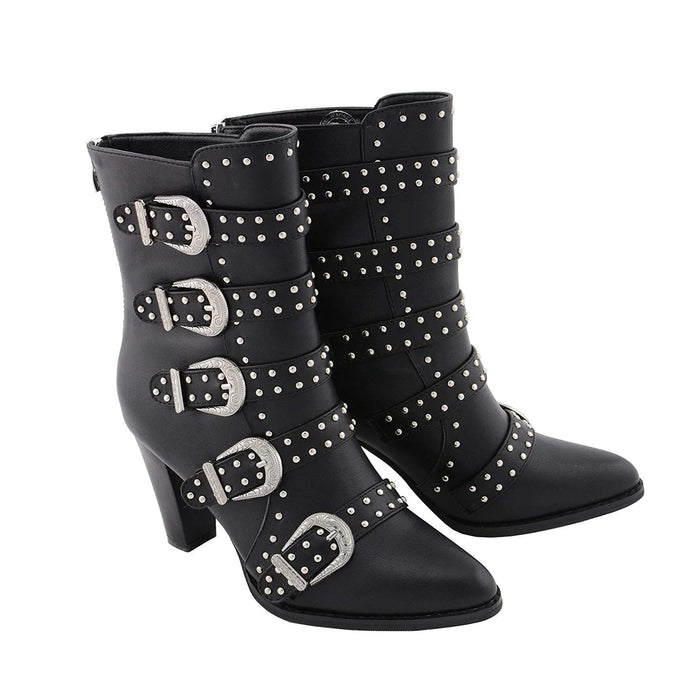Womens Black Buckle Up Boots with Studded Bling