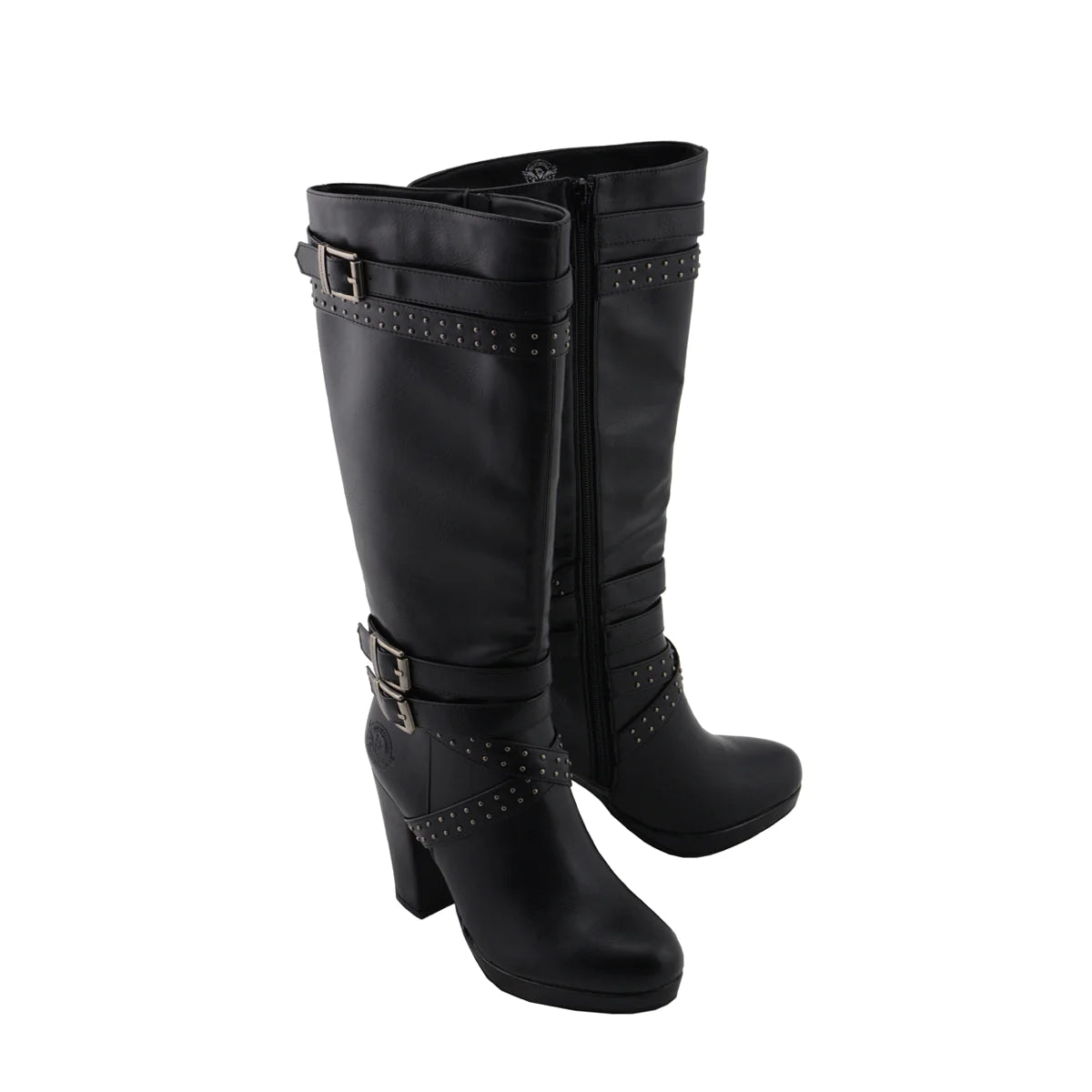 Womens Tall Black Studded Strap Boots with Platform Heel