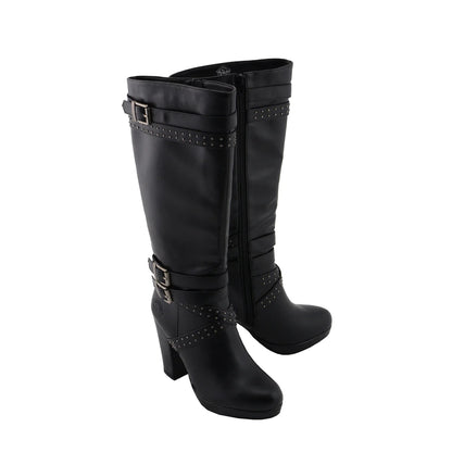 Womens Tall Black Studded Strap Boots with Platform Heel