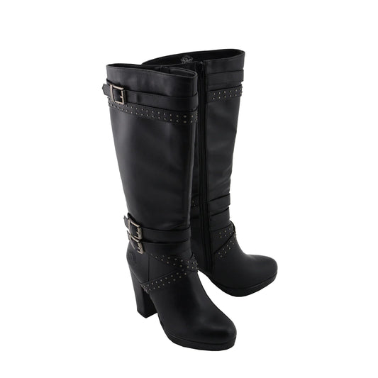 Womens Tall Black Studded Strap Boots with Platform Heel